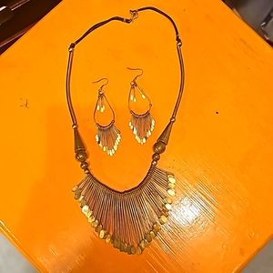 Vintage 70s Yoruba Hammered Brass Necklace & Earring Set Fringe Tribal Boho Ethn